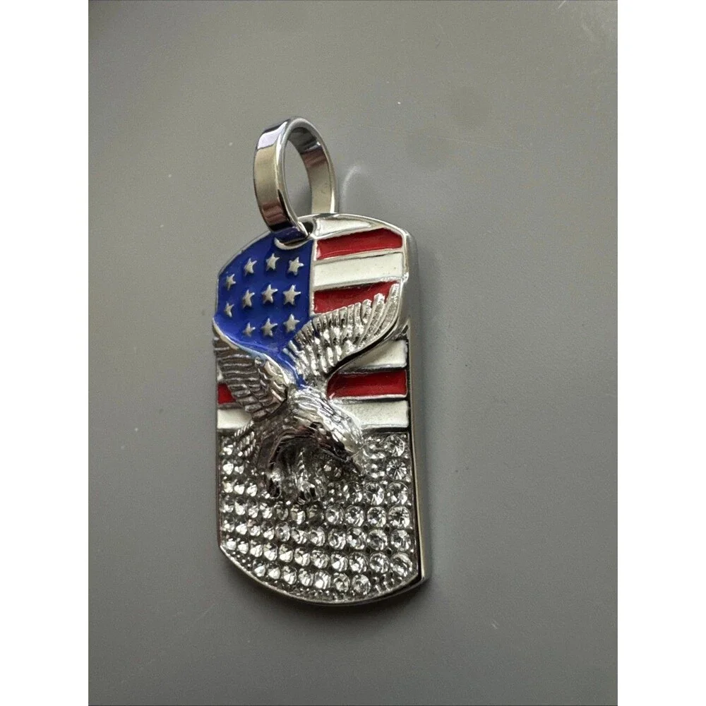 U.S.A America Flag Pendant Cubic Zirconia Stainless Steel 24” Chain Eagle DogTag
